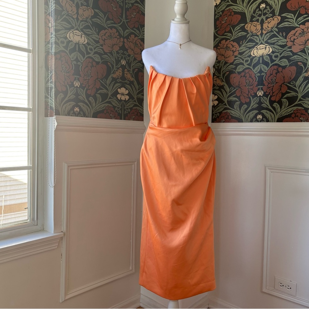 Satin Strapless Midi Pencil Cocktail Dress 🍹🍊